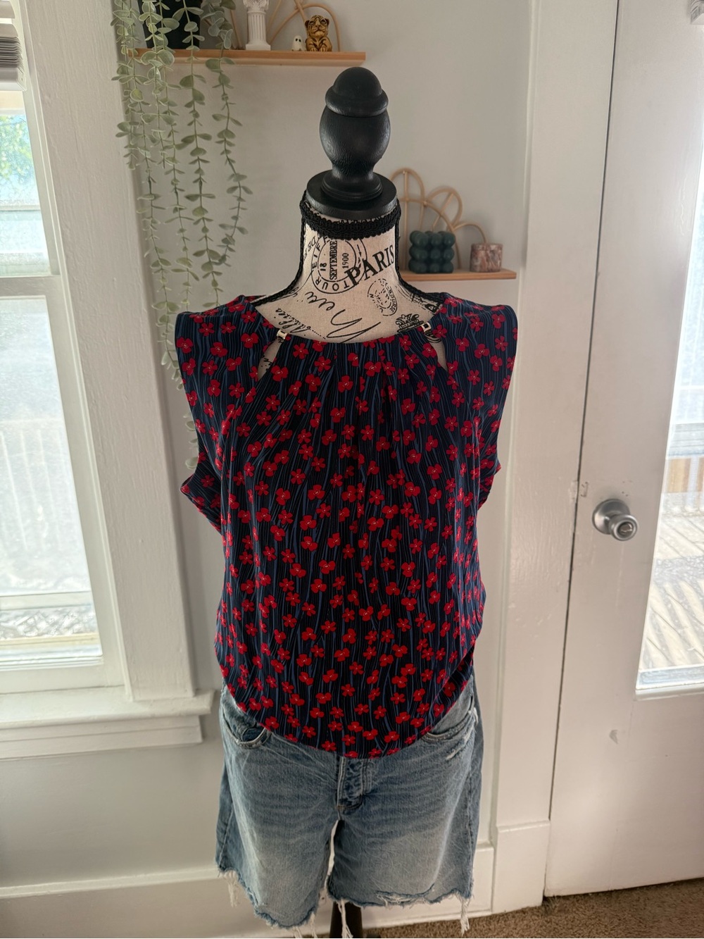 Tommy Hilfiger Navy Sleeveless Top with Red Floral Motif
